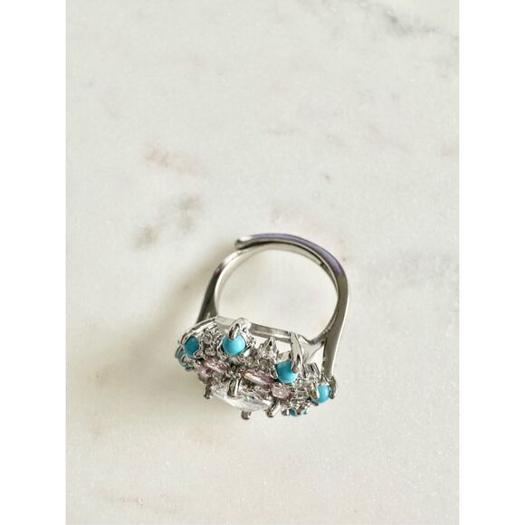 Light pink and turquoise blue cubic zirconia adjustable cocktail ring ￼ - Picture 3 of 8
